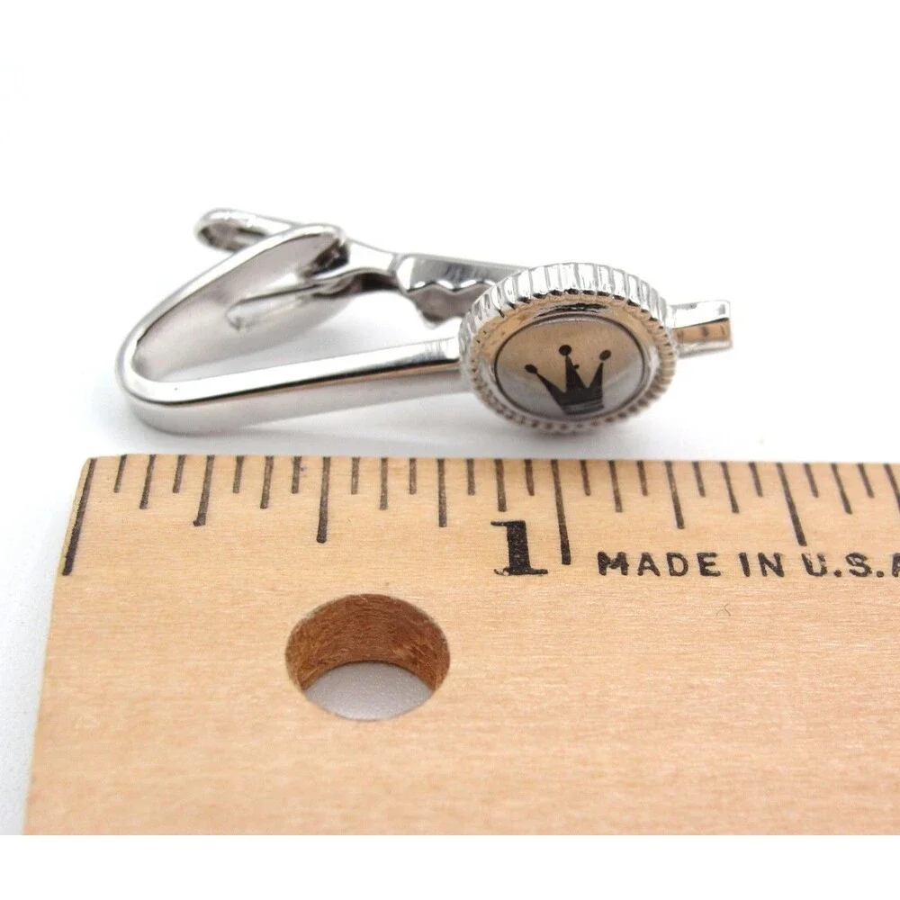 Vintage Royal Crown Cufflinks Tie Bar Set Silver Tone MCM Heraldic Dapper Regal